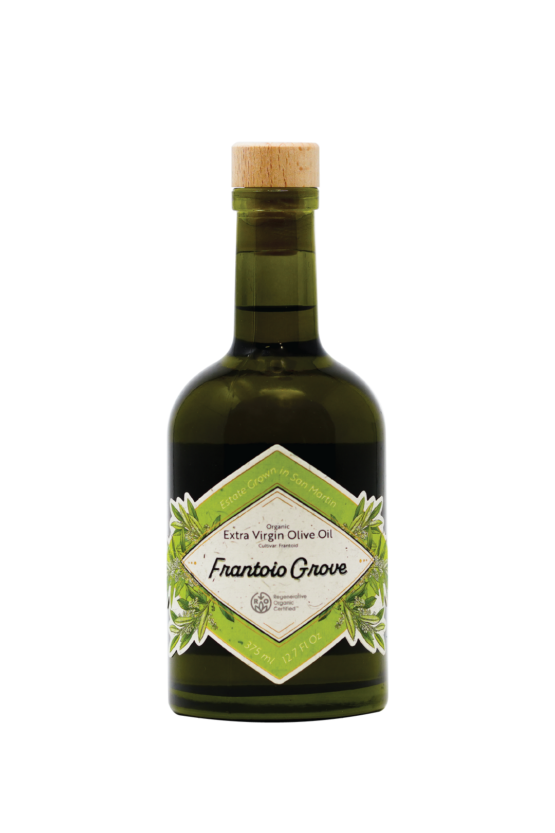 An Image OF Frantoio Grove's Flagship Frantoio Extra Virgin Olive Oil In a 375 ml Bottle With A White Background. Green and white diamond-shaped label with olive blossoms and leaves. Additional text on label reads: Estate grown in San Martin. Organic Extra Virgin Olive Oil. Cultivar: Frantoio. Regenerative Organic Certified.