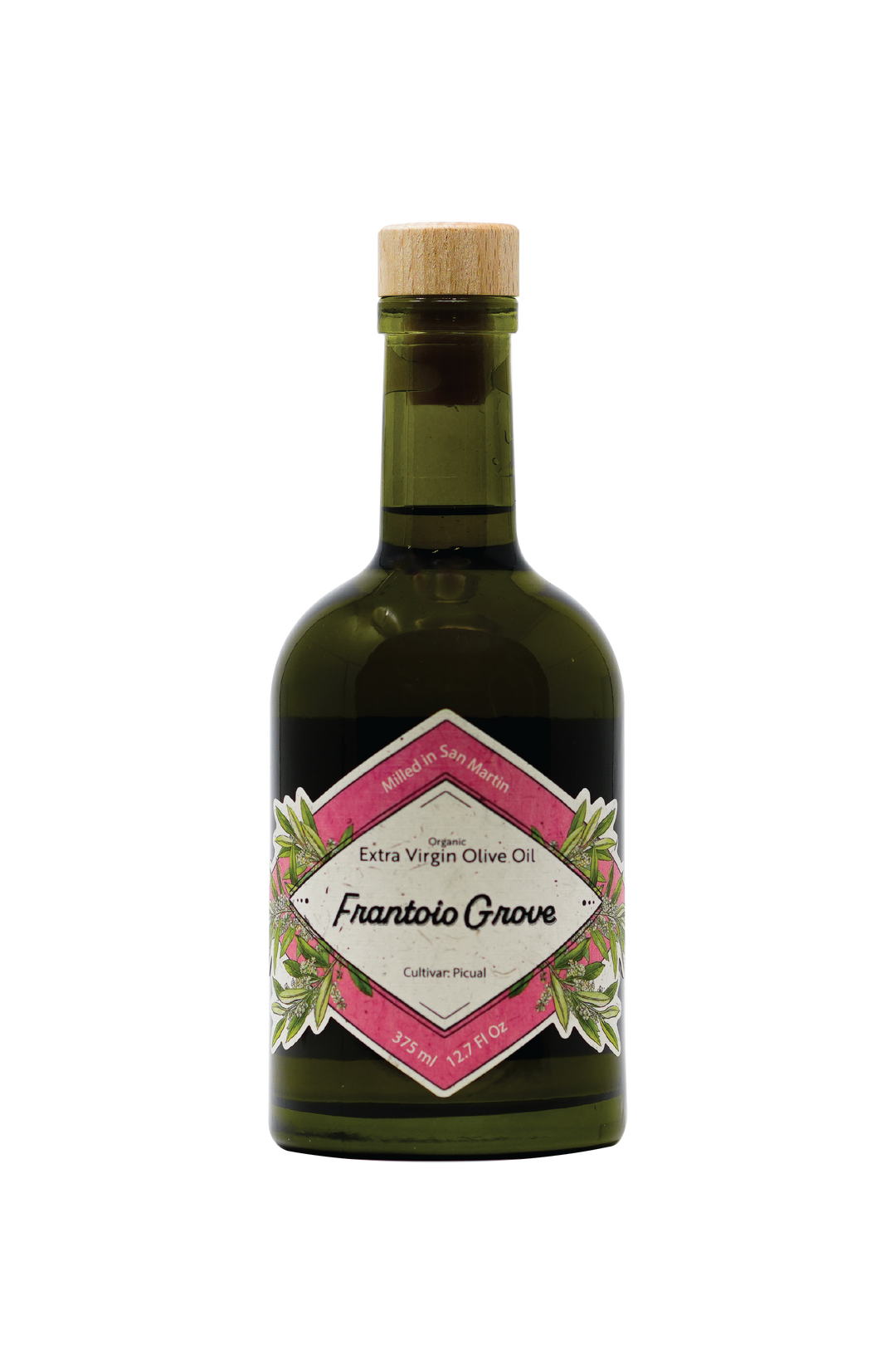 An Image Of A 375 ml/12.7 Fl Oz bottle of Frantoio Grove's Organic Picual Extra Virgin Olive Oil With White Background. Pink and white diamond-shaped label with olive blossoms and leaves. Additional text on label reads: Milled in San Martin. Organic Extra Virgin Olive Oil. Cultivar: Picual.