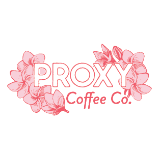 PROXY Coffee Co. Logo set in pink surrounded by hibiscus flowers