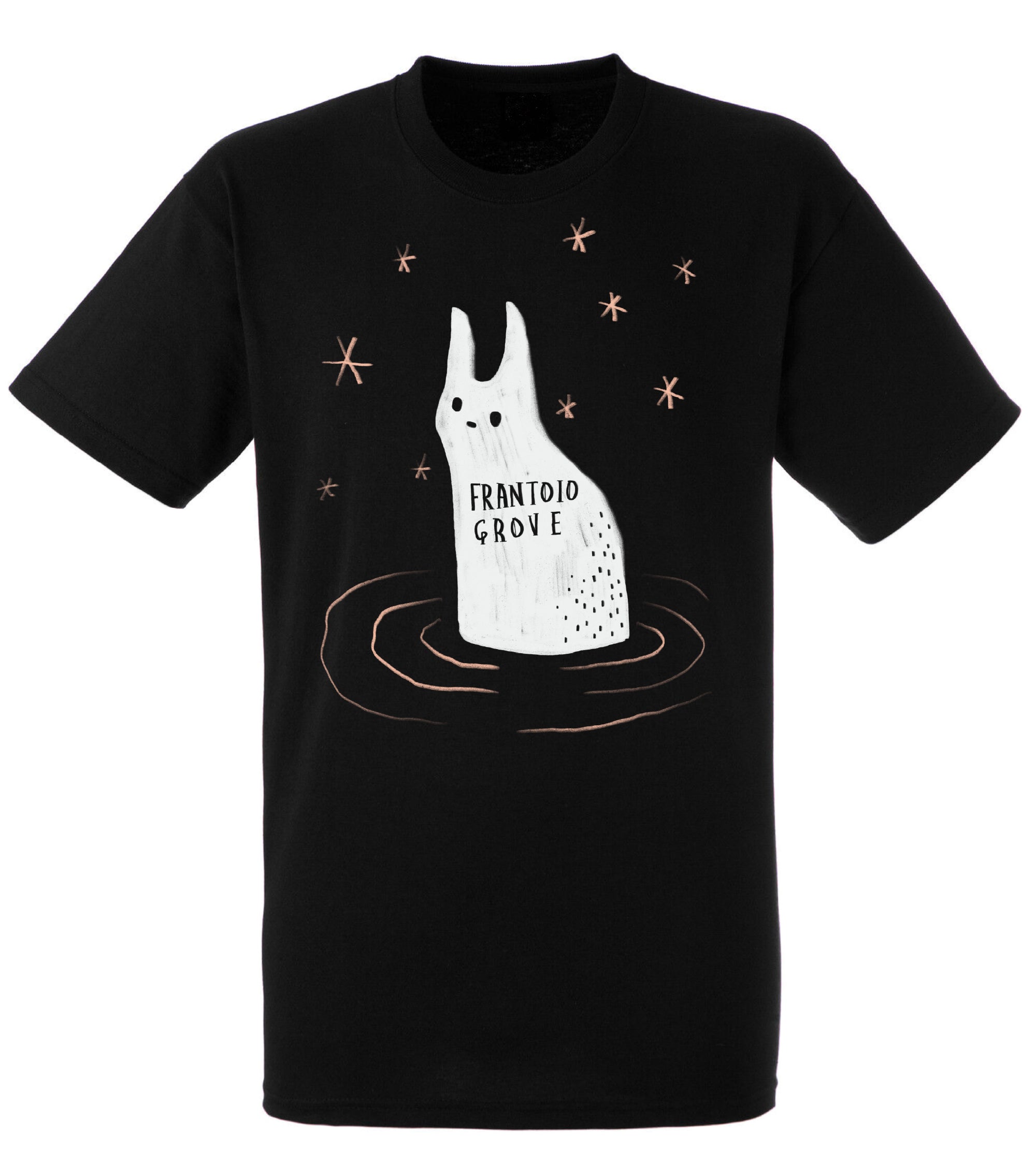 Image of a very dark grey t-shirt with a white rabbit-like creature and cream colored stars and lines in the center of the chest on a white background. The words "Frantoio Grove" are printed across the creature's chest. 
