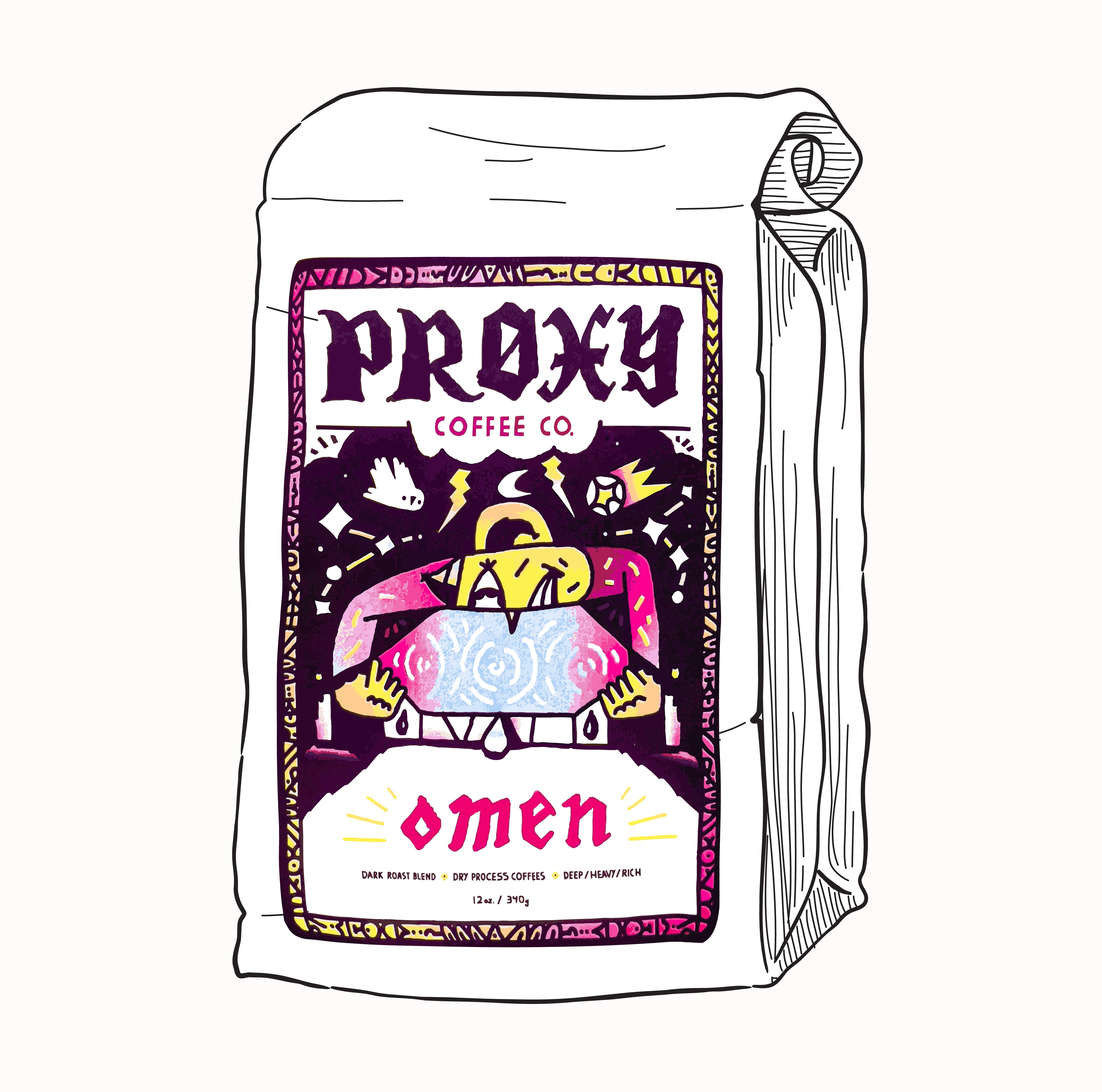 2D drawing of a bag of coffee with the Omen Blend label. Text on the bag of coffee reads: Proxy Coffee Co. Omen. Dark Roast Blend. Dry process coffees. Deep/Heavy/Rich.