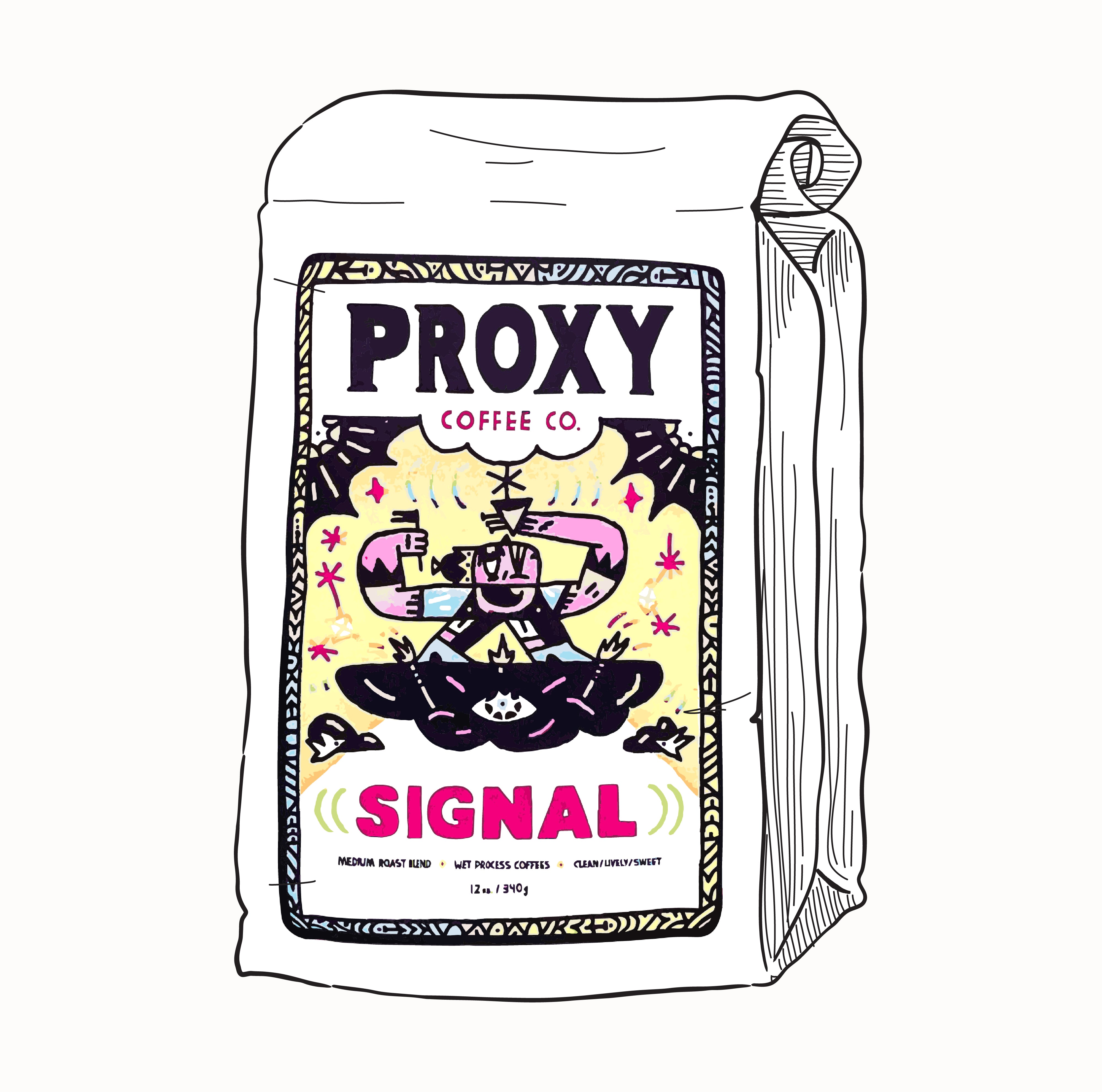 2D drawing of a bag of coffee with Proxy Coffee Co.'s Signal Blend label. Text on the bag of coffee reads: Proxy Coffee Co. Signal. Medium roast blend. Wet process coffees. Clean/Lively/Sweet.