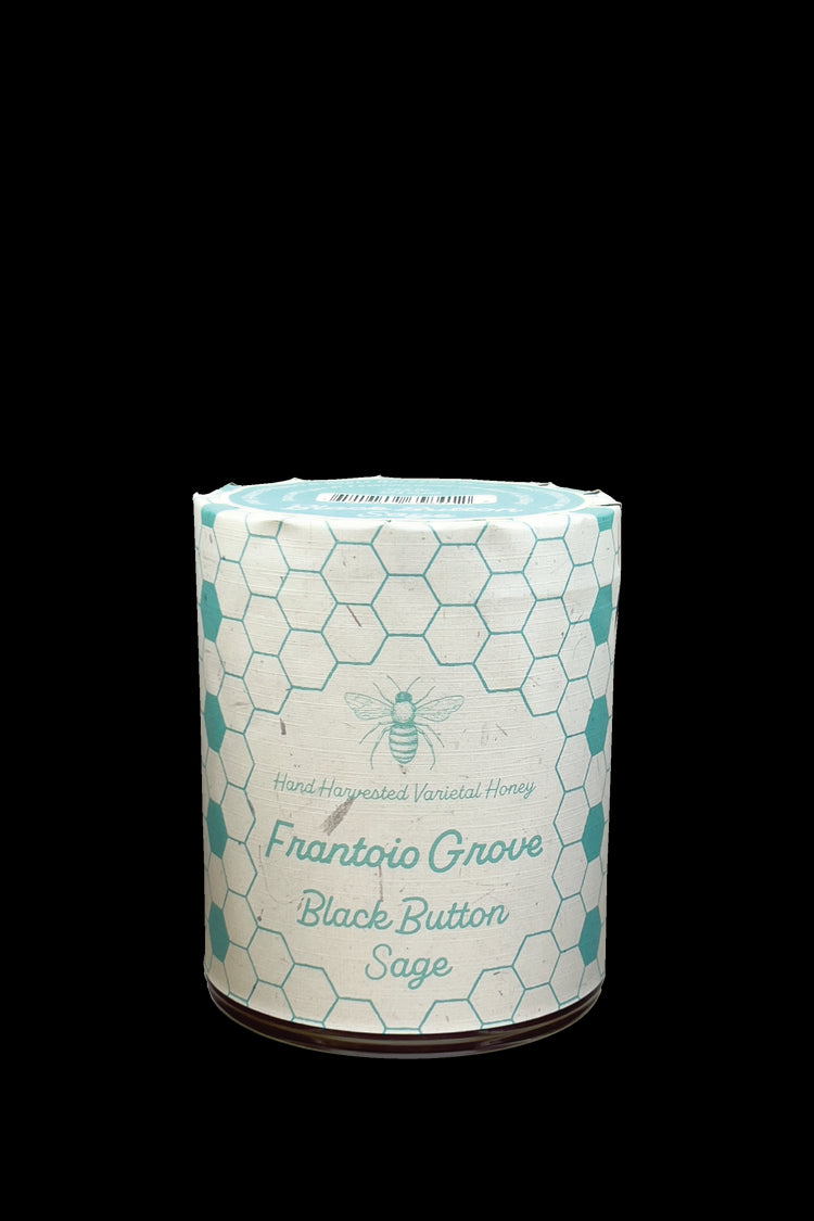 Image of a jar of Frantoio Grove's hand harvested Black Button Sage Honey on a White Background. Jar is wrapped in white paper with art depicting a bee and a pattern of alternating teal and white honeycomb.