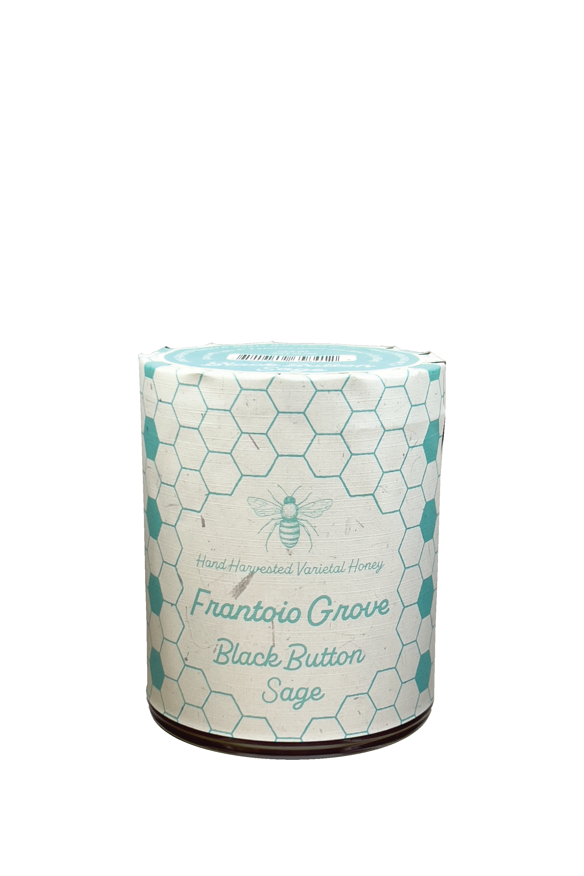 Image of a jar of Frantoio Grove's hand harvested Black Button Sage Honey on a White Background. Jar is wrapped in white paper with art depicting a bee and a pattern of alternating teal and white honeycomb.