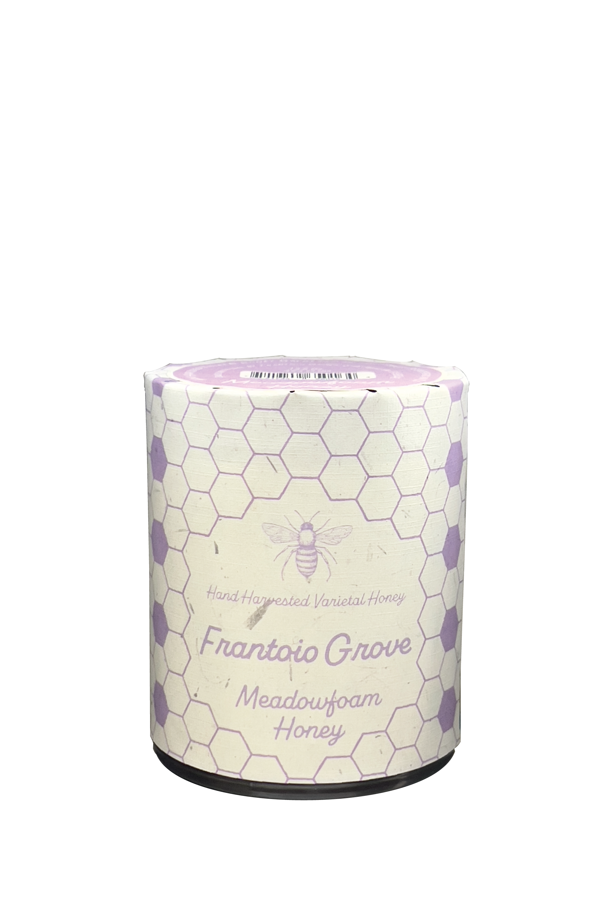 Image of a jar of Frantoio Grove's hand harvested Meadowfoam Honey on a White Background. Jar is wrapped in white paper with art depicting a bee and a pattern of alternating lavender and white honeycomb.
