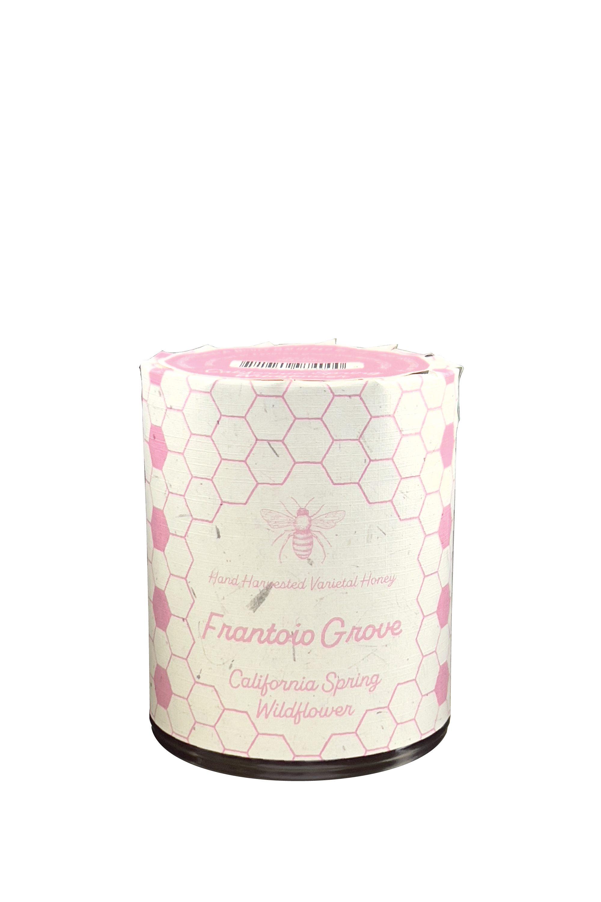 Image of a jar of Frantoio Grove's hand harvested California Spring Wildflower Honey on a White Background. Jar is wrapped in white paper with art depicting a bee and a pattern of alternating pink and white honeycomb.