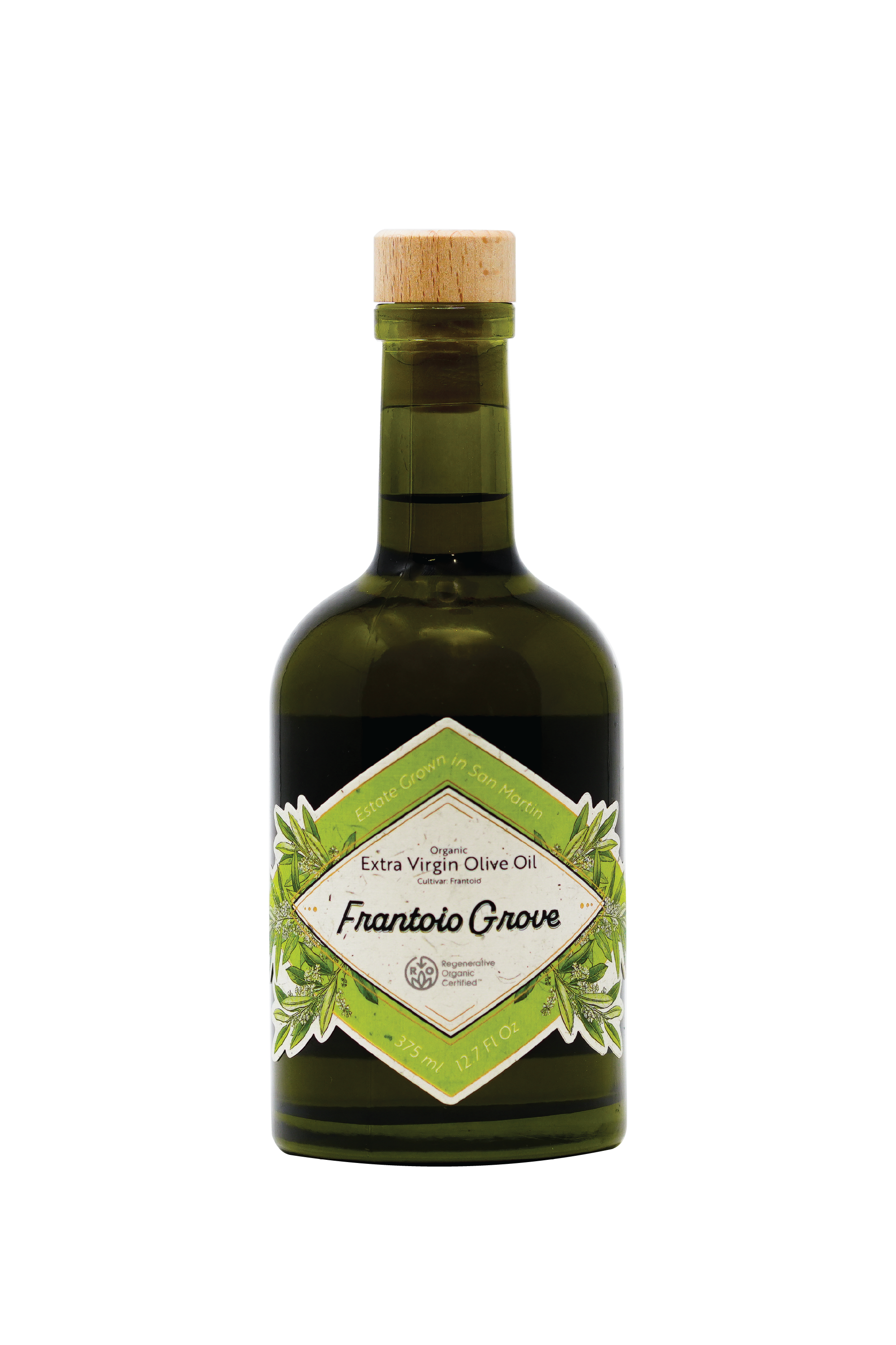 An Image OF Frantoio Grove's Flagship Frantoio Extra Virgin Olive Oil In a 375 ml Bottle With A White Background. Green and white diamond-shaped label with olive blossoms and leaves. Additional text on label reads: Estate grown in San Martin. Organic Extra Virgin Olive Oil. Cultivar: Frantoio. Regenerative Organic Certified.