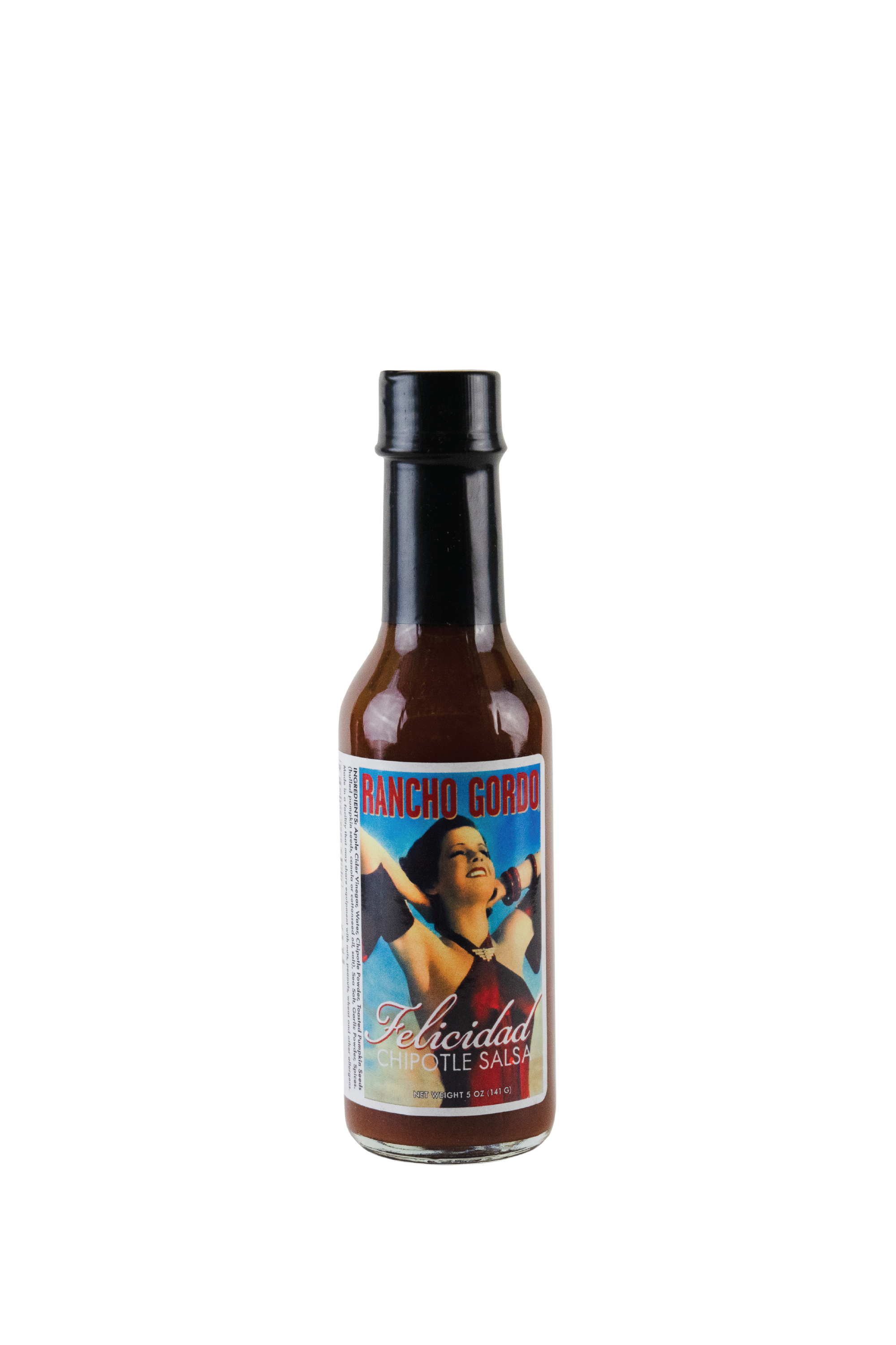 Image Of A 5 oz glass bottle Of Felicidad Chipotle Hot Sauce With a  White Background. Label art is of a dark haired woman in a red dress stretching her arms behind her head and smiling.