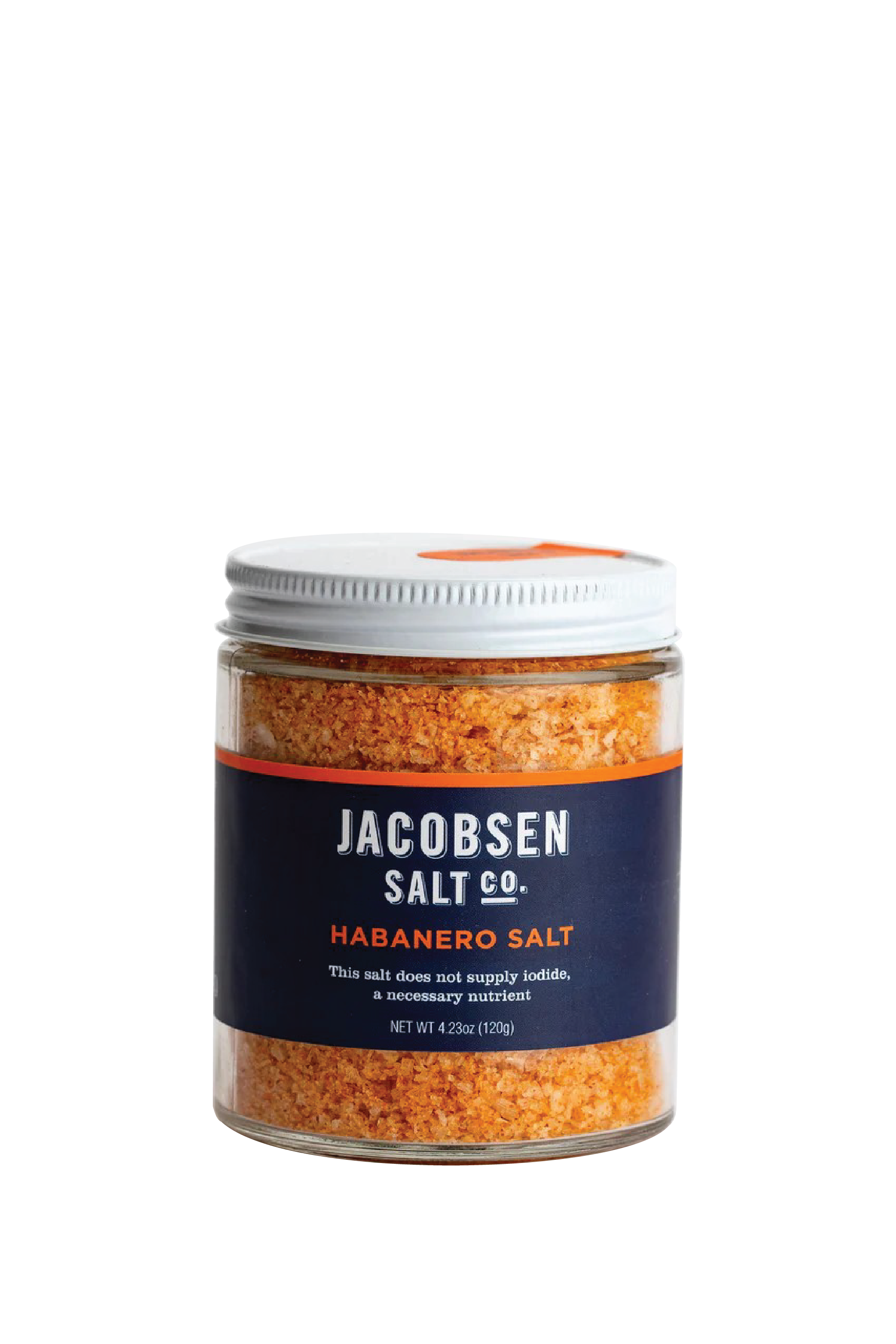 A Photo Of Habanero Salt in a glass jar with a blue label. White Background.
