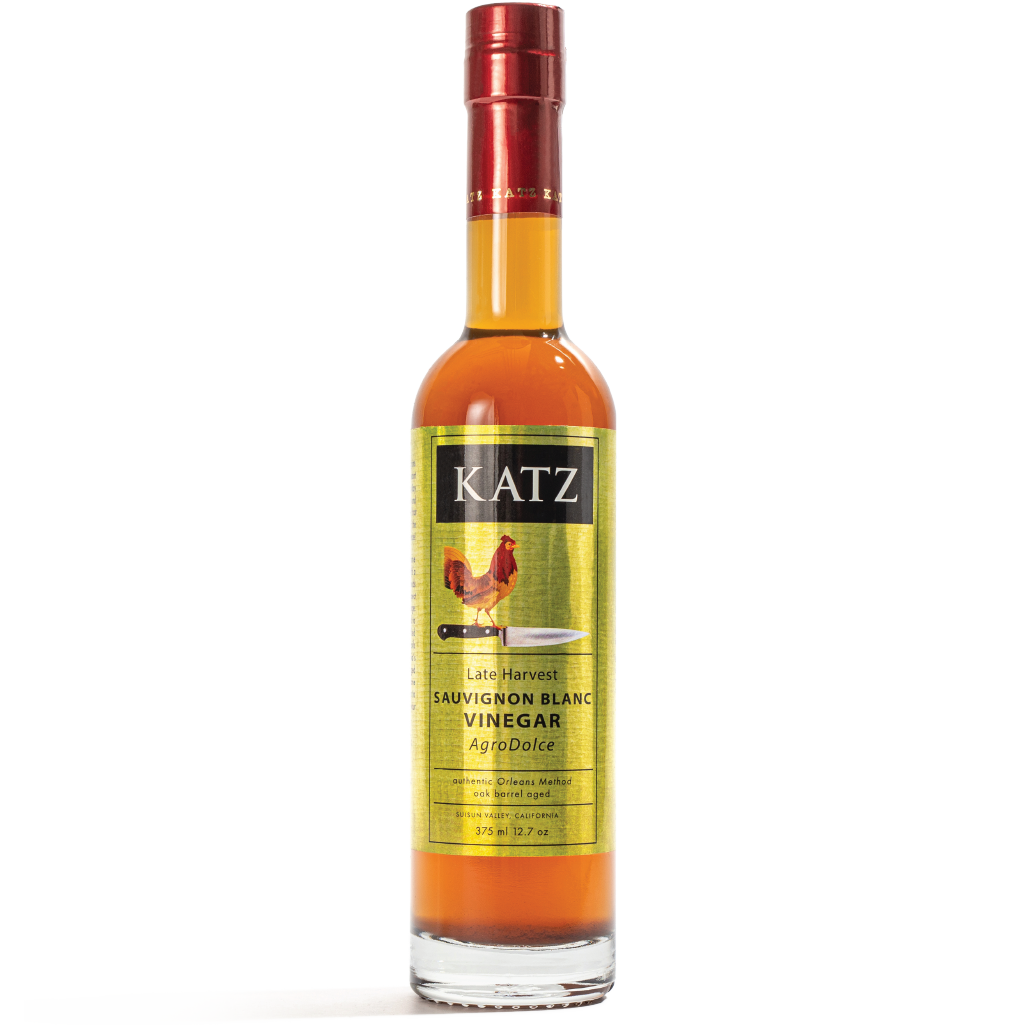 Bottle of KATZ Late Harvest Sauvignon Blanc Agrodolce Vinegar on a transparent background.