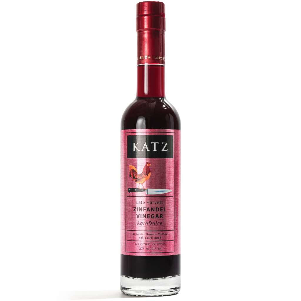 Bottle of KATZ Late Harvest Zinfandel Agrodolce Vinegar on a transparent background.