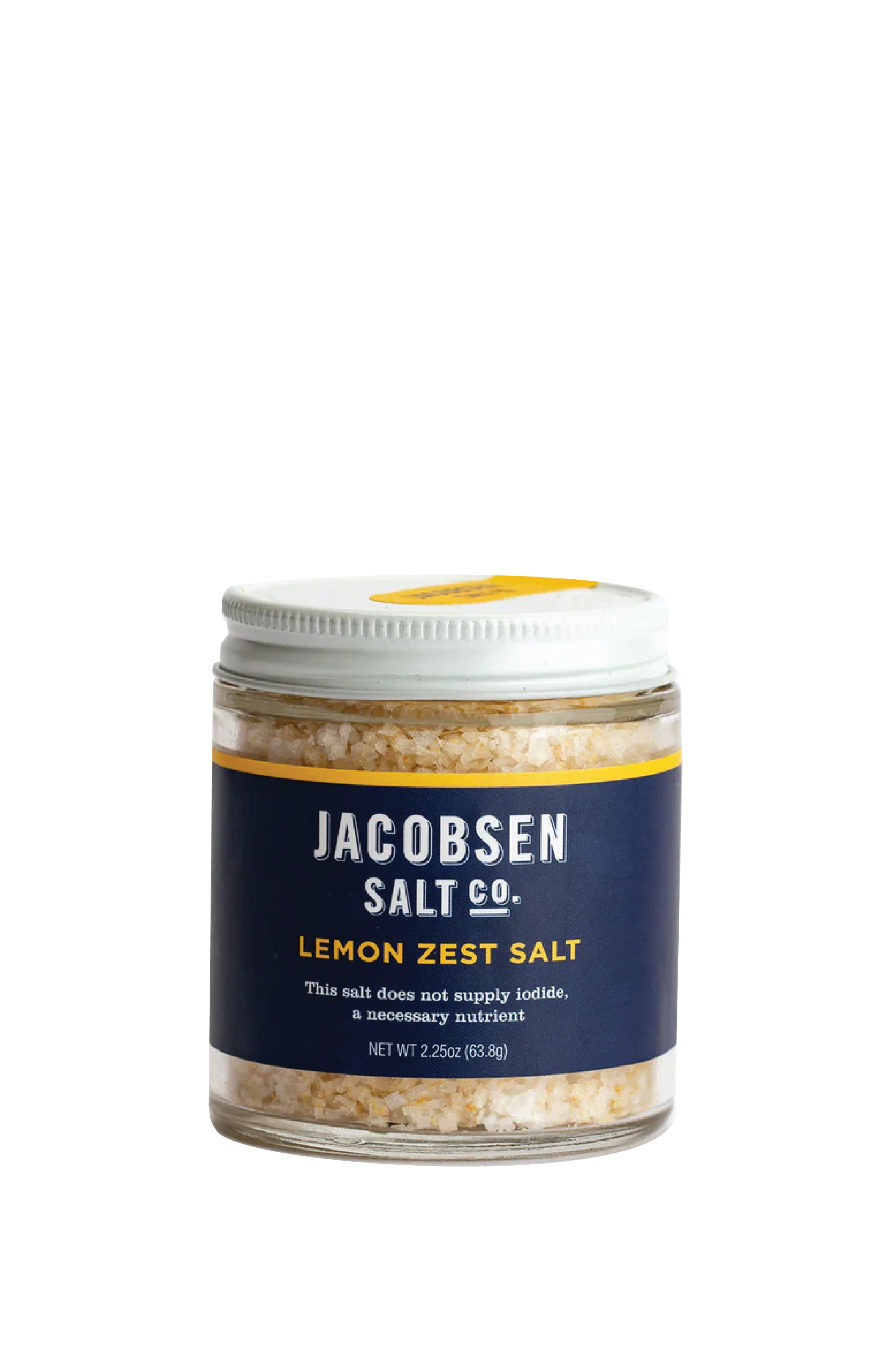 A Photo Of Lemon Zest Salt in a glass jar with a blue label. White Background.