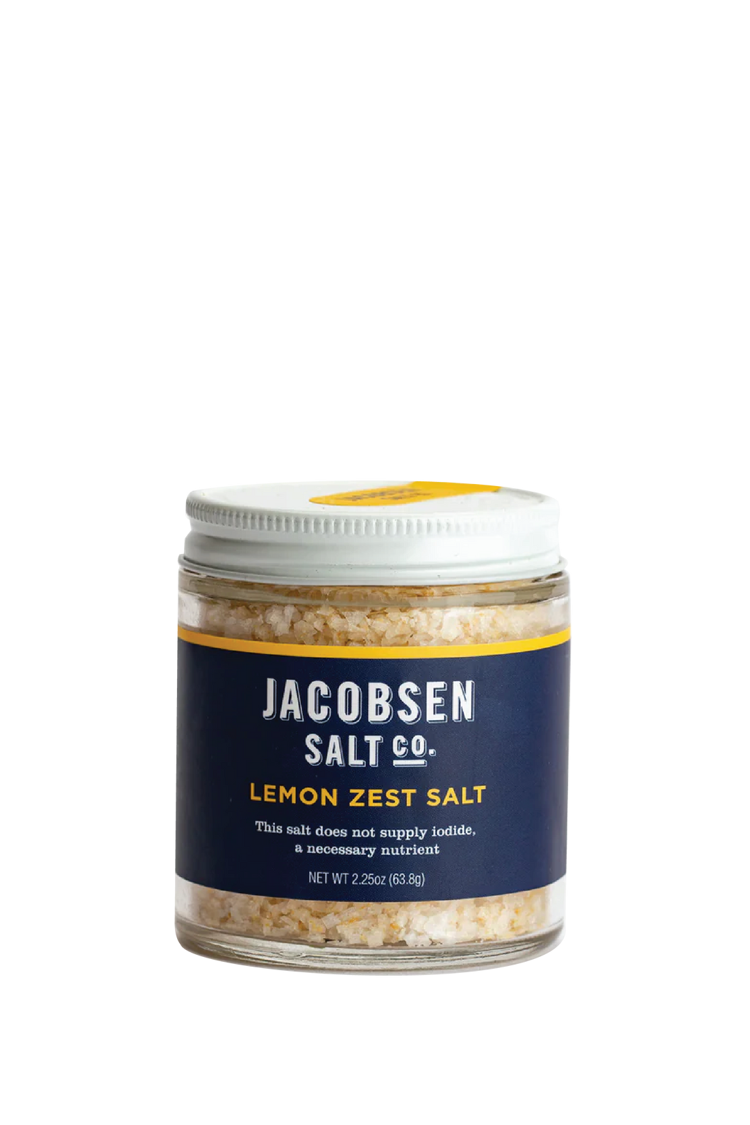 A Photo Of Lemon Zest Salt in a glass jar with a blue label. White Background.
