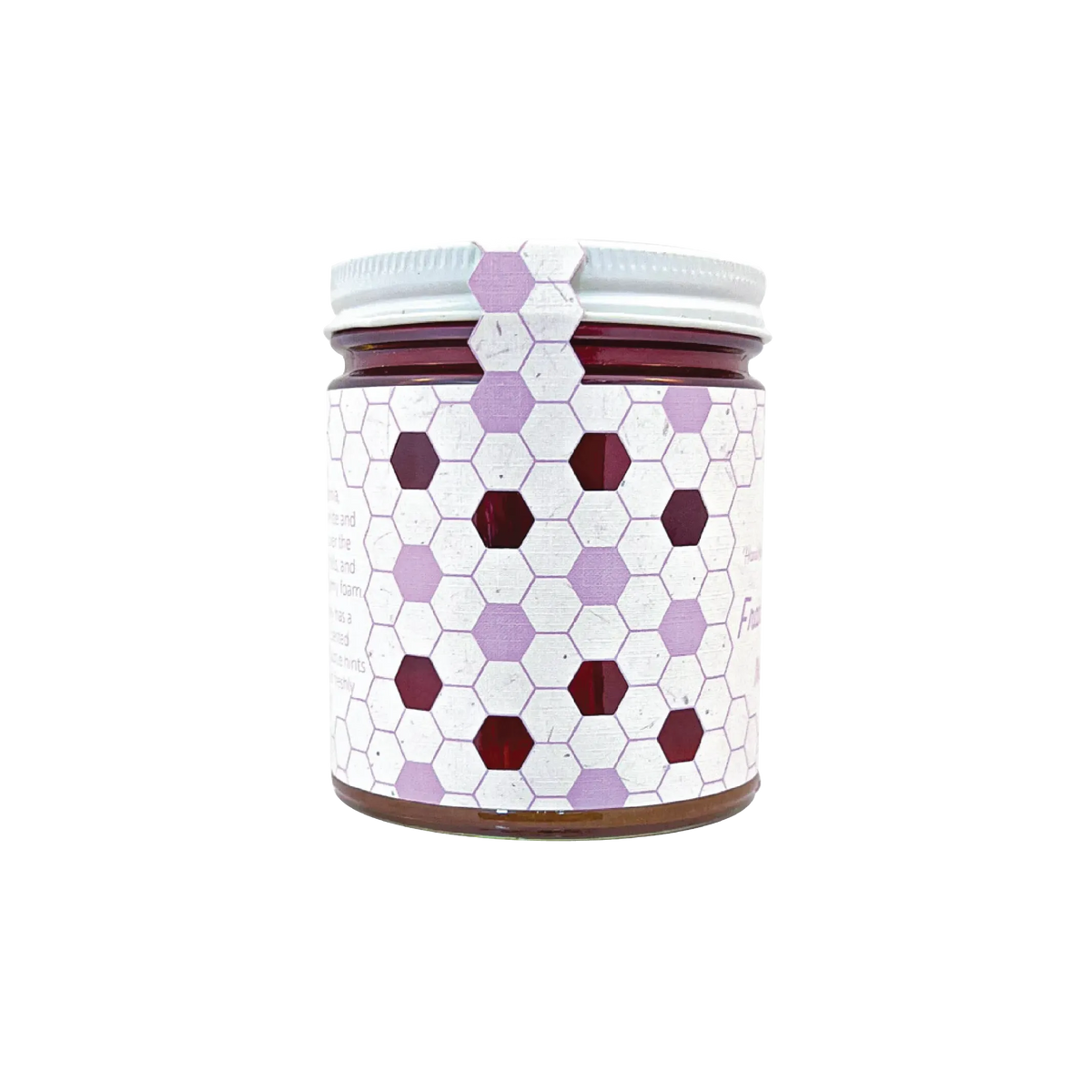 Northwestern Meadowfoam Honey in glass jar with purple and burgundy hexagonal pattern design on white label