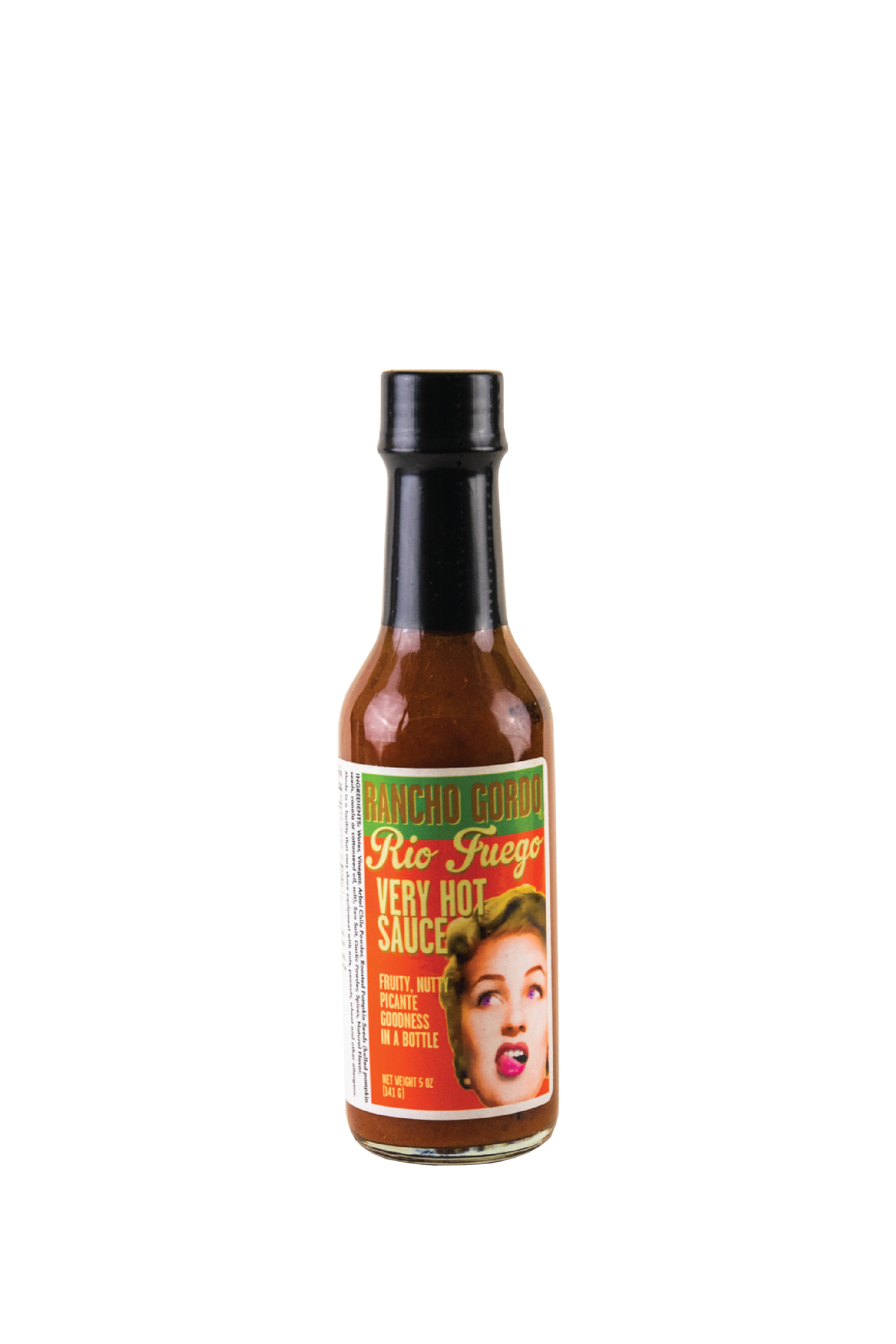 Image of a 5 oz bottle of Rancho Gordo Rio Fuego Very Hot Sauce on a white background. Green, yellow, and orange label with an image of the face of a woman licking her upper lip. Additional text on bottle reads: Fruity, nutty, picante goodness in a bottle.