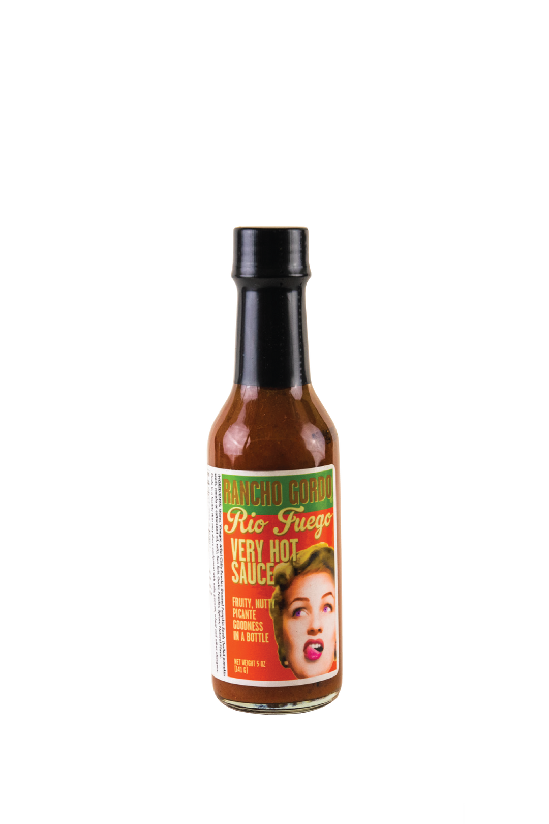 Image of a 5 oz bottle of Rancho Gordo Rio Fuego Very Hot Sauce on a white background. Green, yellow, and orange label with an image of the face of a woman licking her upper lip. Additional text on bottle reads: Fruity, nutty, picante goodness in a bottle.