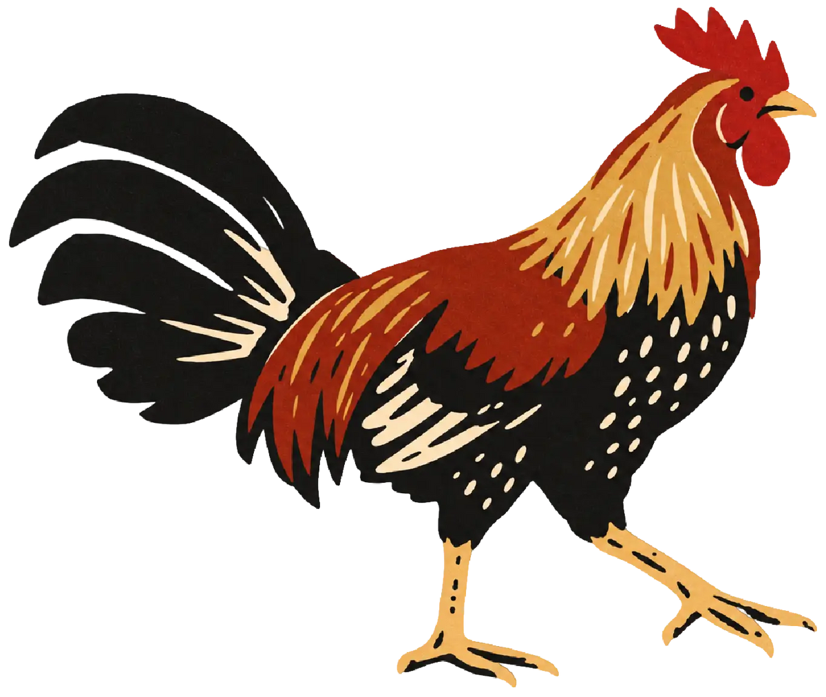 Line drawing of a rooster.