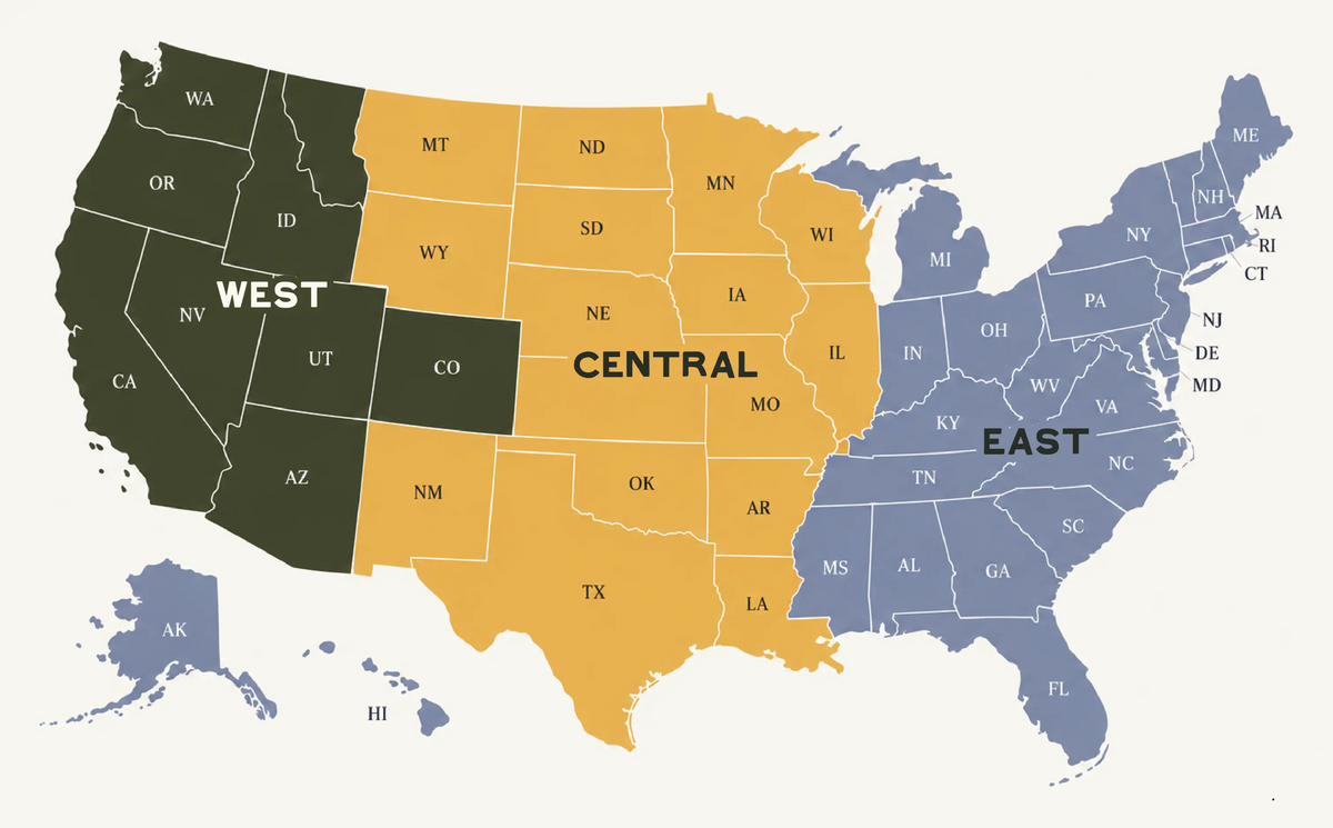 Map of U.S. shipping zones: West $8, Central $9, East and remaining states $10.