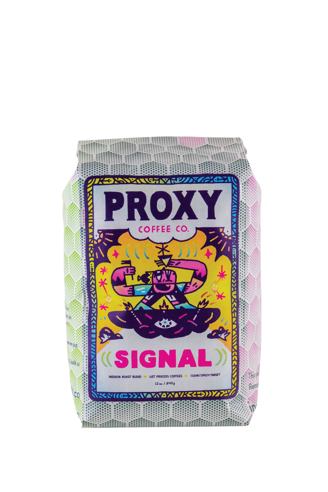 Photograph of a 12 oz/340g bag of Proxy Coffee Co.'s Signal medium roast Signal blend on a white background.