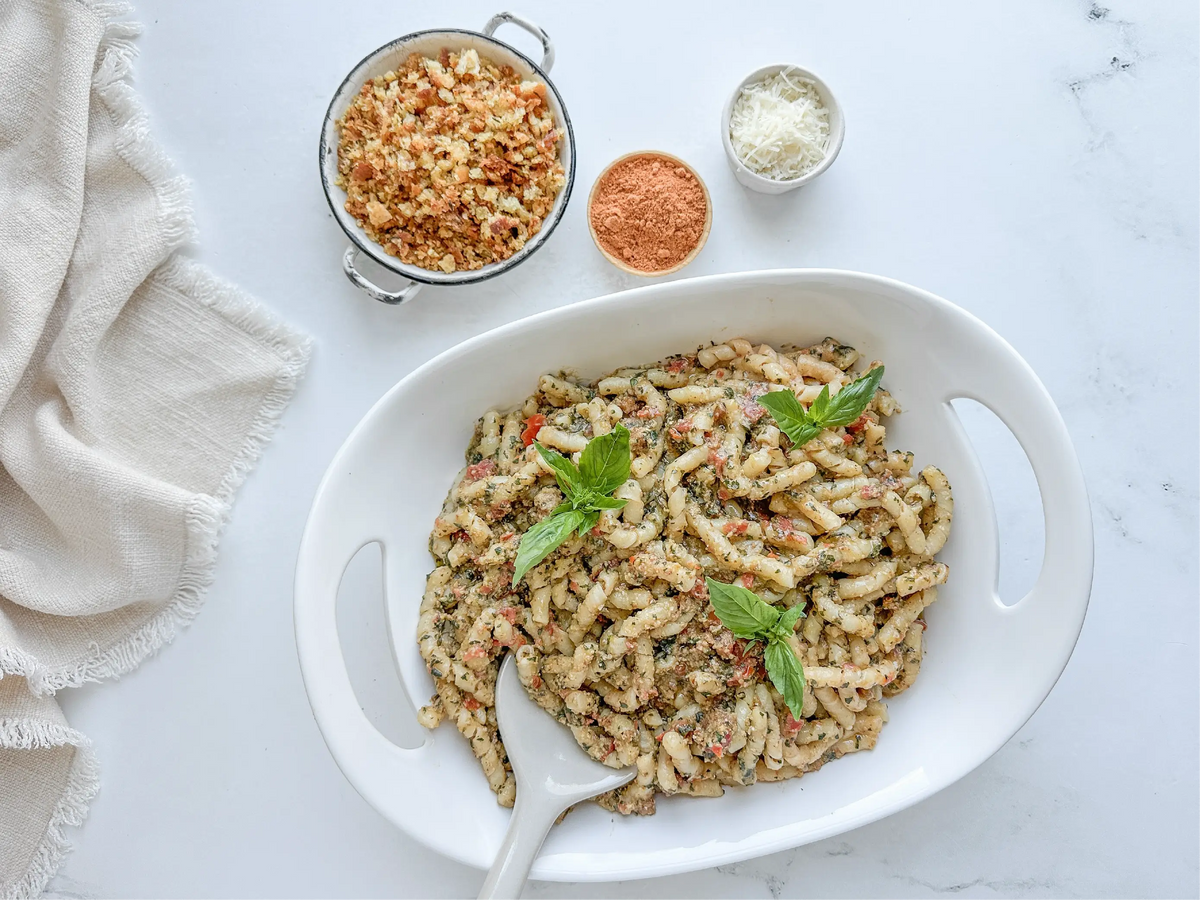 Pesto alla Trapanese finished with extra virgin olive oil