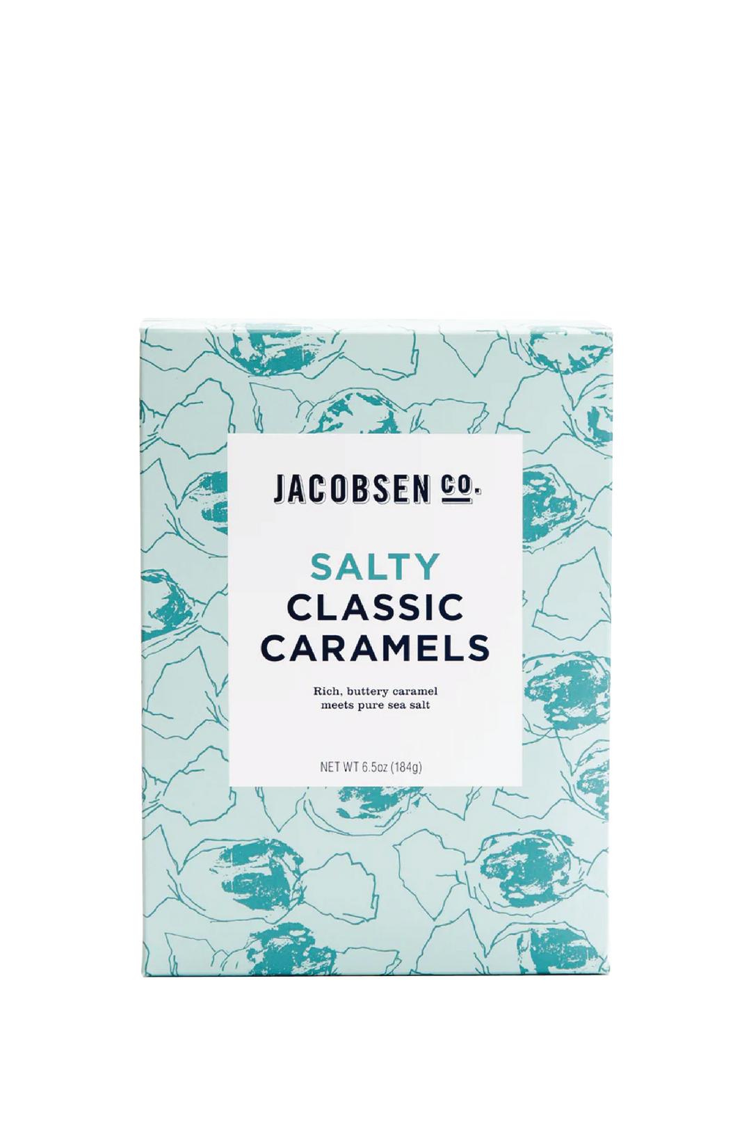 A Photo of Jacobsen Salt Co's Salty Classic Caramels in a pale blue box with stylistic renderings of caramels in wax paper wrappers in teal. Box says "Rich, buttery caramel meets pure sea salt." White background.