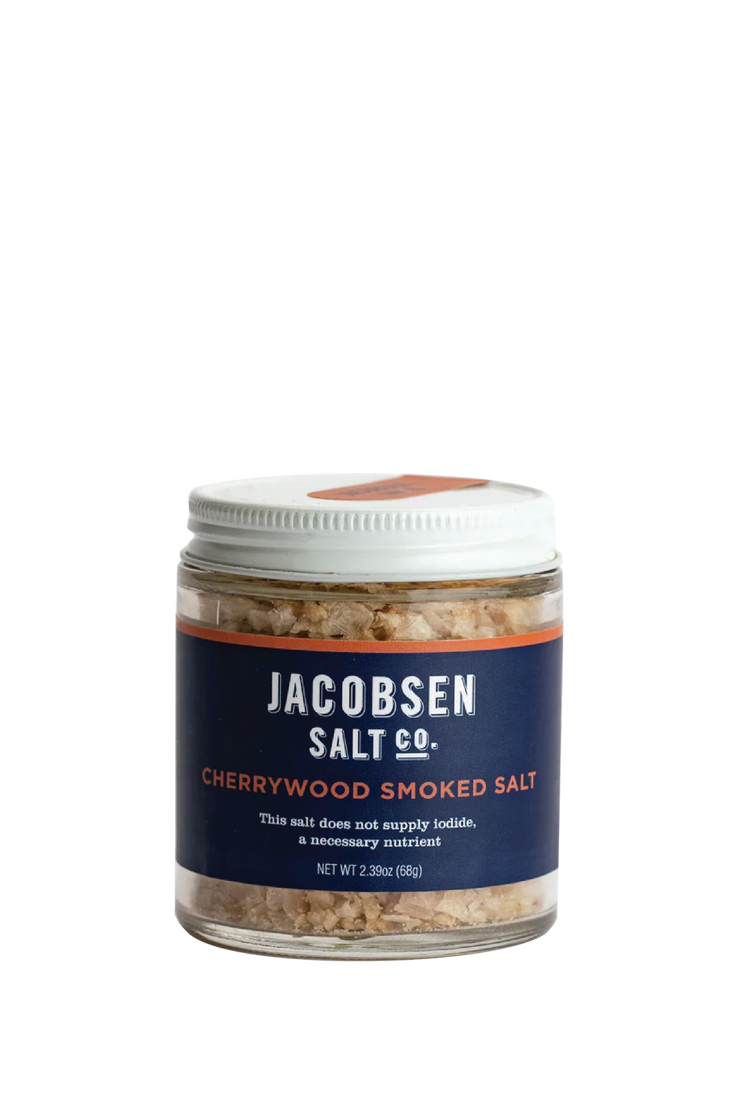 A 2.39 Oz Glass Jar Of Jacobsen Salt Co's Cherrywood Smoked Salt, Featuring a blue label and white lid on a white background