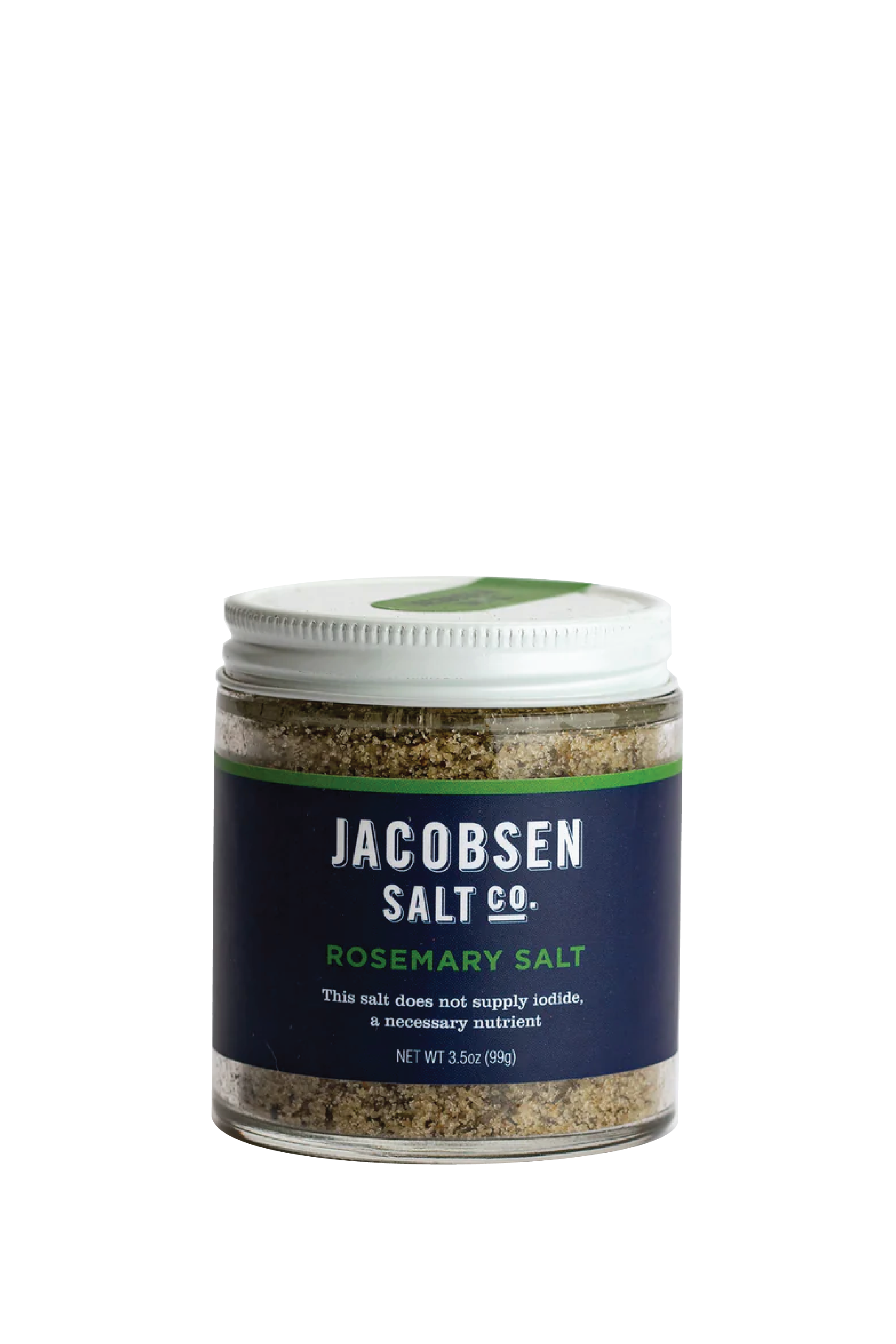 A Photo Of Rosemary Salt in a glass jar with a blue label. White Background.