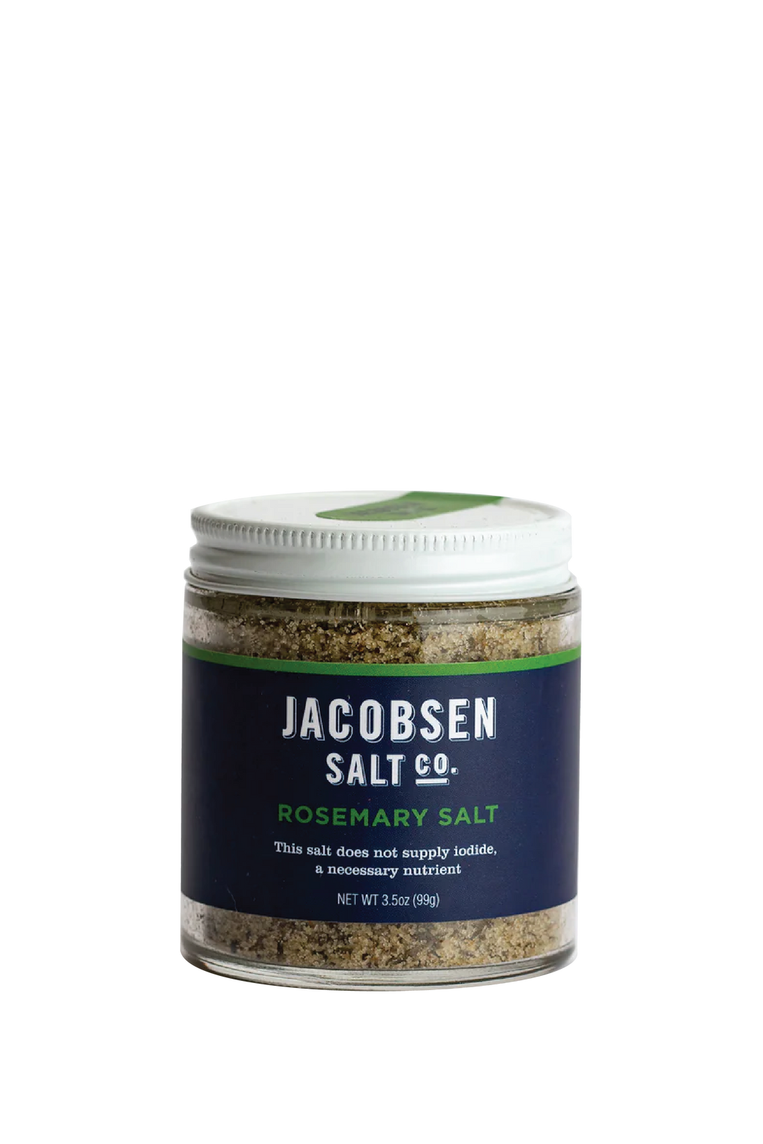 A Photo Of Rosemary Salt in a glass jar with a blue label. White Background.