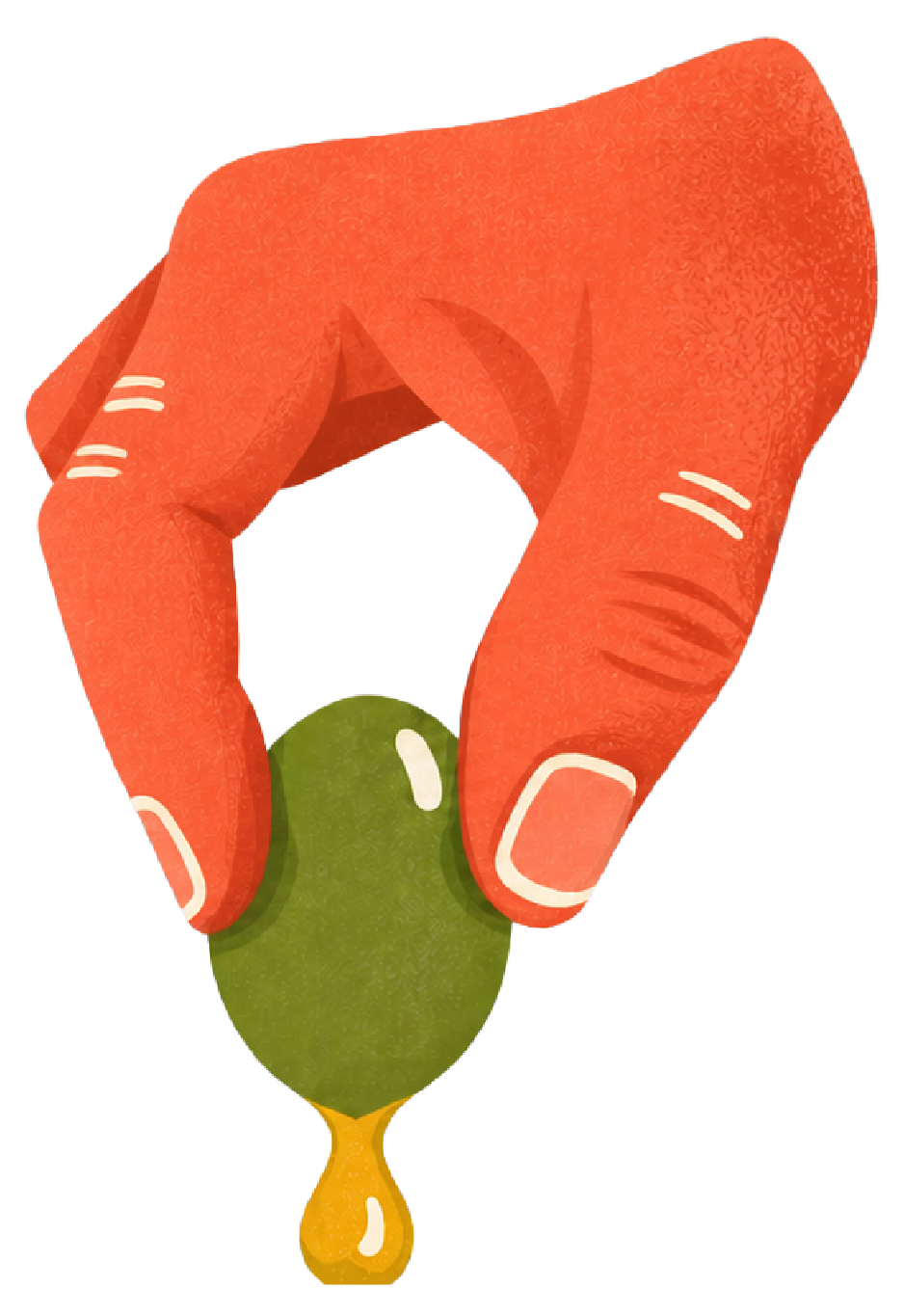 Thumb and forefinger squeezing an olive with a drop of oil